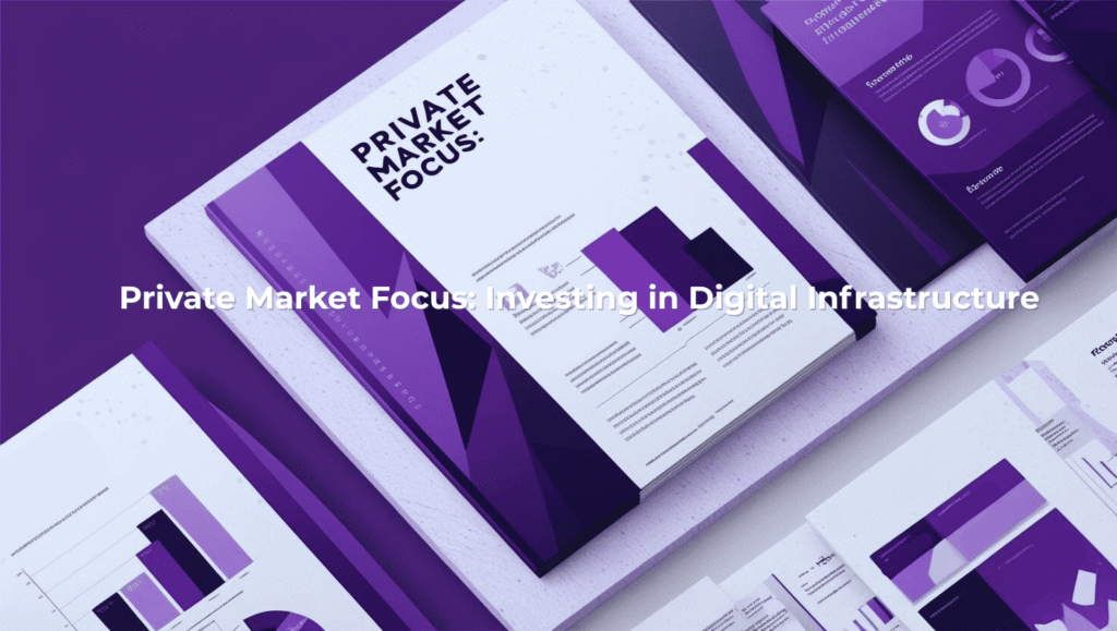 Report covers and data charts illustrating private market investment focus on digital infrastructure, in shades of purple.