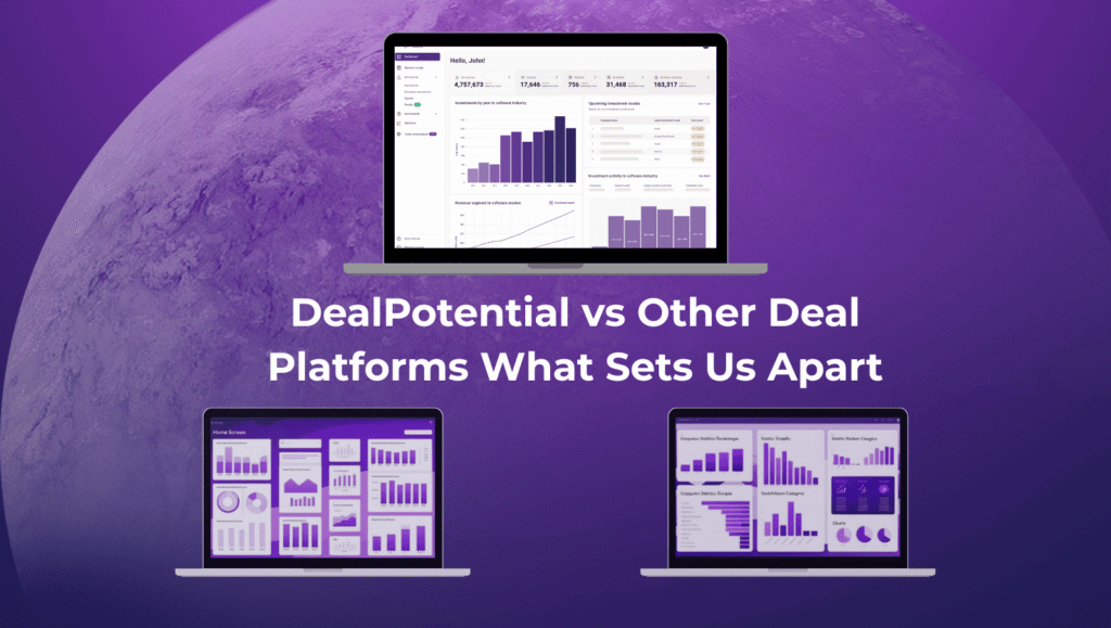 Comparison of DealPotential vs other deal sourcing platforms, showing dashboards and analytics tools that highlight key differences in data insights.