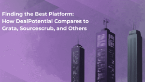 Illustration of futuristic skyscrapers against a purple sky, symbolizing innovation and data-driven business growth. One tower features digital patterns resembling code and signals, representing AI and tech-driven finance