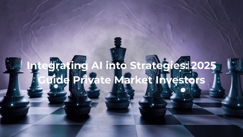 Chess pieces with integrated circuit designs on a chessboard, symbolizing the strategic integration of AI in private market investing. Purple-toned background.