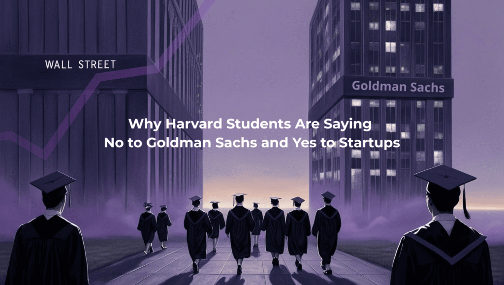 Graduates in dark caps and gowns walk away from towering, cold skyscrapers labeled 'Wall Street' and 'Goldman Sachs', heading toward a distant, softer horizon. The scene is tinted in dark purple tones, with a somber, reflective atmosphere
