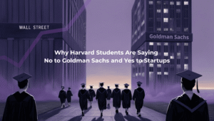 Graduates in dark caps and gowns walk away from towering, cold skyscrapers labeled 'Wall Street' and 'Goldman Sachs', heading toward a distant, softer horizon. The scene is tinted in dark purple tones, with a somber, reflective atmosphere