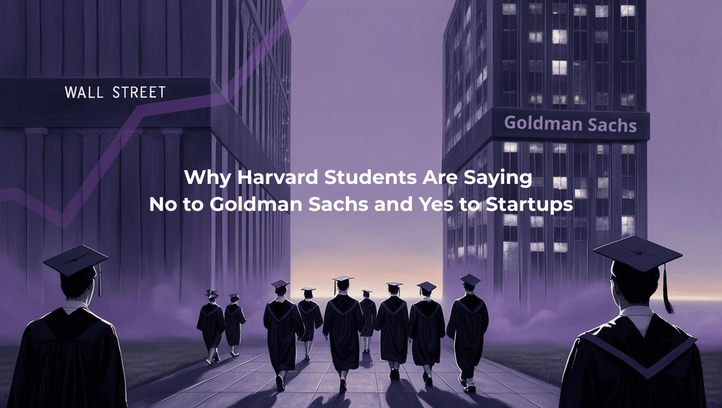 Graduates in dark caps and gowns walk away from towering, cold skyscrapers labeled 'Wall Street' and 'Goldman Sachs', heading toward a distant, softer horizon. The scene is tinted in dark purple tones, with a somber, reflective atmosphere
