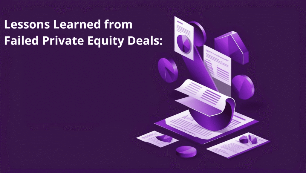 Illustration showing financial documents and pie charts, representing lessons learned from failed private equity deals in a business and investment context.
