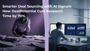 Split image showing the contrast between manual and AI-driven deal sourcing: a stressed professional surrounded by paperwork on the left, and a calm analyst reviewing predictive dashboards on the right. Purple tones, office environment.