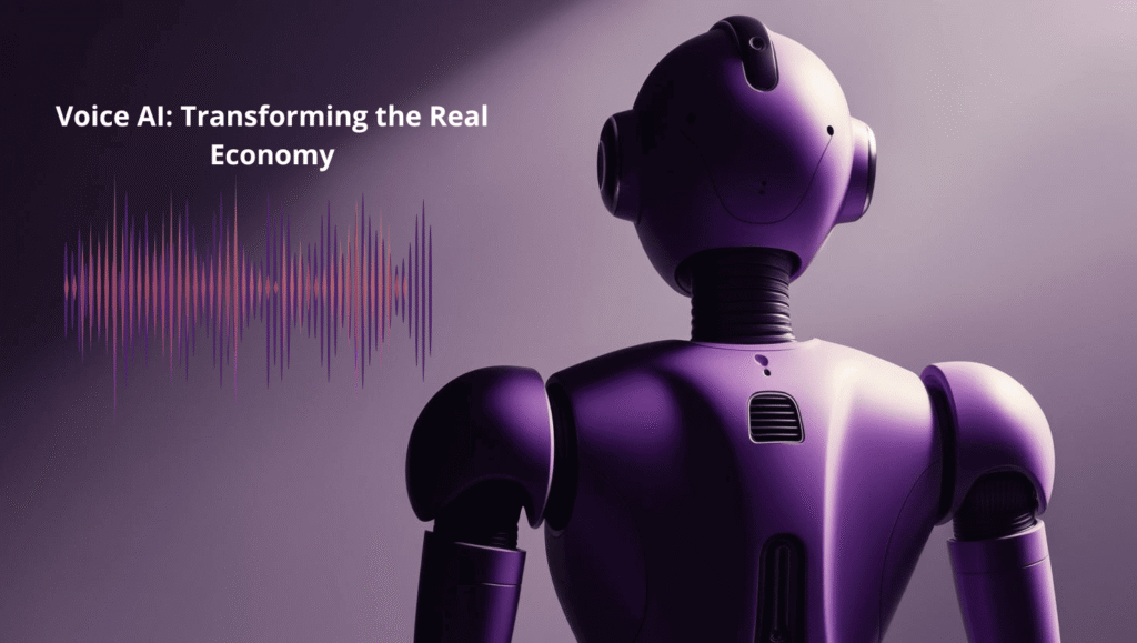 A futuristic purple robot facing away from the camera, listening to a sound wave projected in the air against a dark background. The image represents voice-controlled artificial intelligence (Voice AI).