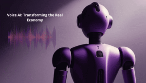 A futuristic purple robot facing away from the camera, listening to a sound wave projected in the air against a dark background. The image represents voice-controlled artificial intelligence (Voice AI).