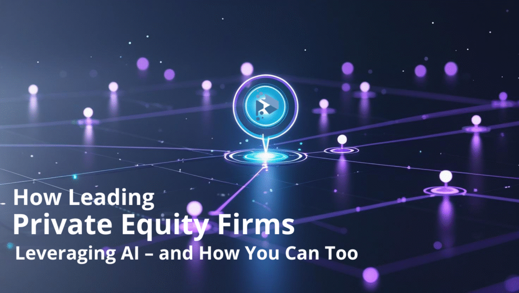 AI-driven network visualization highlighting a central investment signal on a digital map. Dark blue background with glowing purple data points and tech-style grid, symbolizing how private equity firms use AI to identify key opportunities.