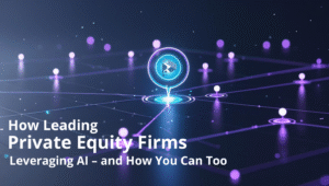 AI-driven network visualization highlighting a central investment signal on a digital map. Dark blue background with glowing purple data points and tech-style grid, symbolizing how private equity firms use AI to identify key opportunities.