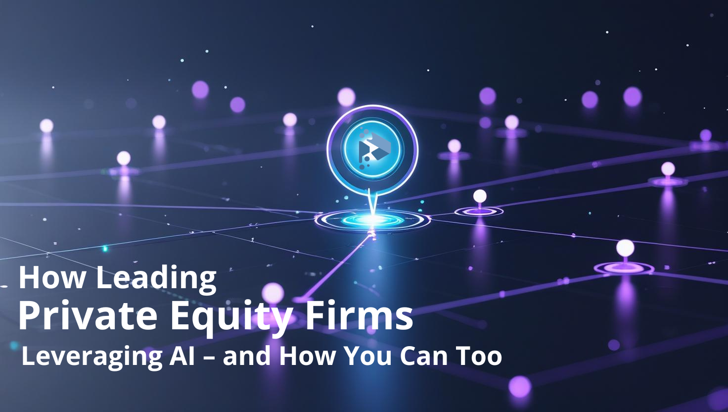 AI-driven network visualization highlighting a central investment signal on a digital map. Dark blue background with glowing purple data points and tech-style grid, symbolizing how private equity firms use AI to identify key opportunities.
