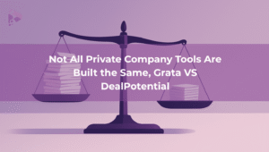 Illustration of a balance scale with a large, chaotic stack of papers on the left and a smaller, structured stack on the right, symbolizing that more data doesn’t equal better insights. The scale is tilted in favour of the smaller stack. Overlay text reads: 'Not All Private Company Tools Are Built the Same, Grata VS DealPotential'