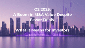 City skyline with financial data overlays and purple tones, illustrating the Q2 2025 surge in M&A value despite fewer deals – featured image for DealPotential’s investor insights blog post