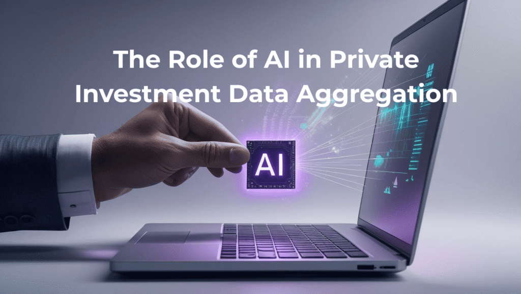 A professional hand inserts a glowing AI chip into a laptop, symbolizing the role of artificial intelligence in private investment data aggregation.