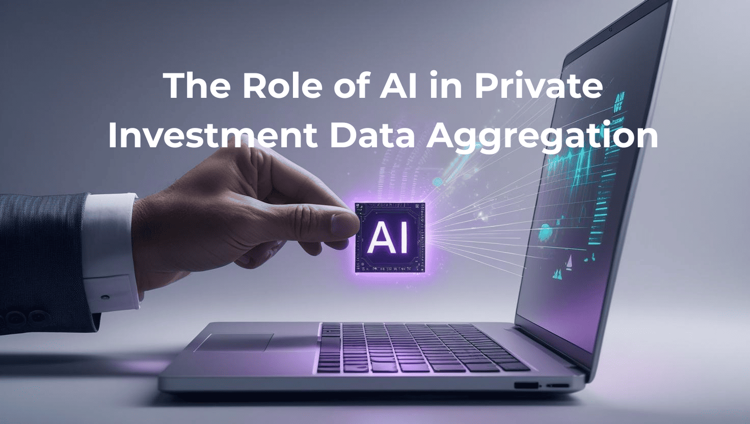 A professional hand inserts a glowing AI chip into a laptop, symbolizing the role of artificial intelligence in private investment data aggregation.