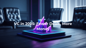 3D chart with glowing purple and blue growth curves on a boardroom table, symbolizing the concentration of venture capital into fewer, larger deals in 2025.