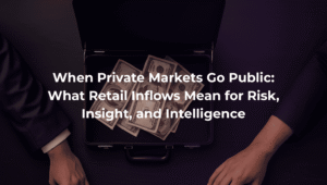 Two people in suits facing each other with an open briefcase full of money on the table – symbolizing a business deal or private market investment.