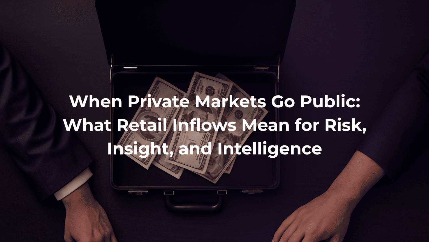 Two people in suits facing each other with an open briefcase full of money on the table – symbolizing a business deal or private market investment.