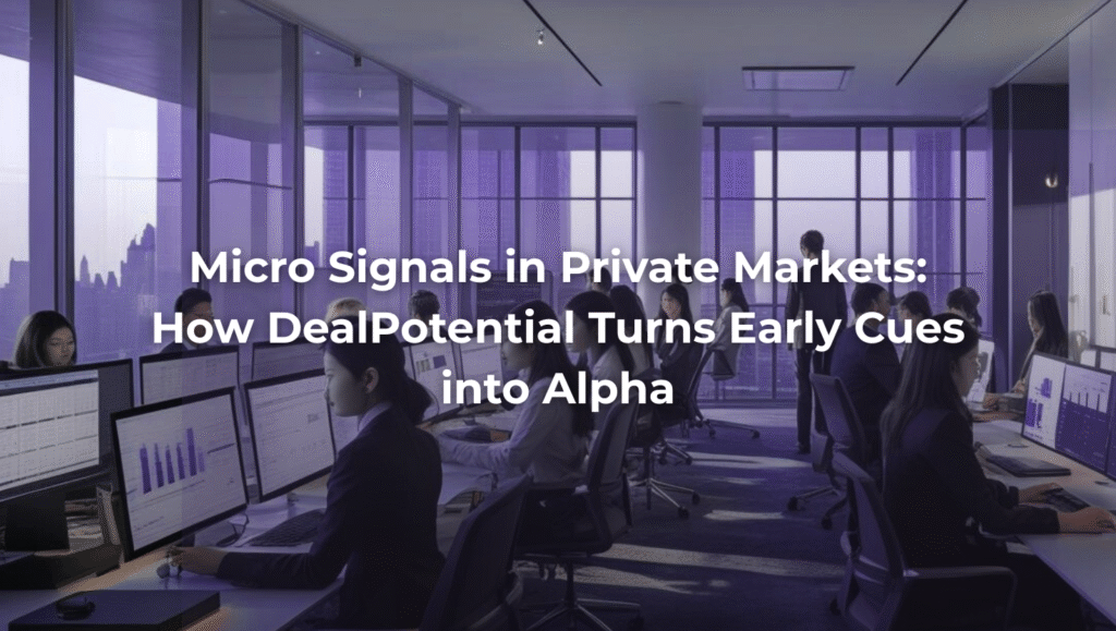 Modern investment office in a New York high-rise, with analysts monitoring data dashboards — illustrating DealPotential’s focus on micro signals in private markets.
