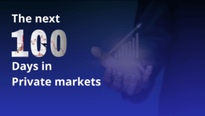 A hand emerging from a dark blue background, holding a glowing upward-trending bar chart, symbolizing growth and predictive insight in private market investments.