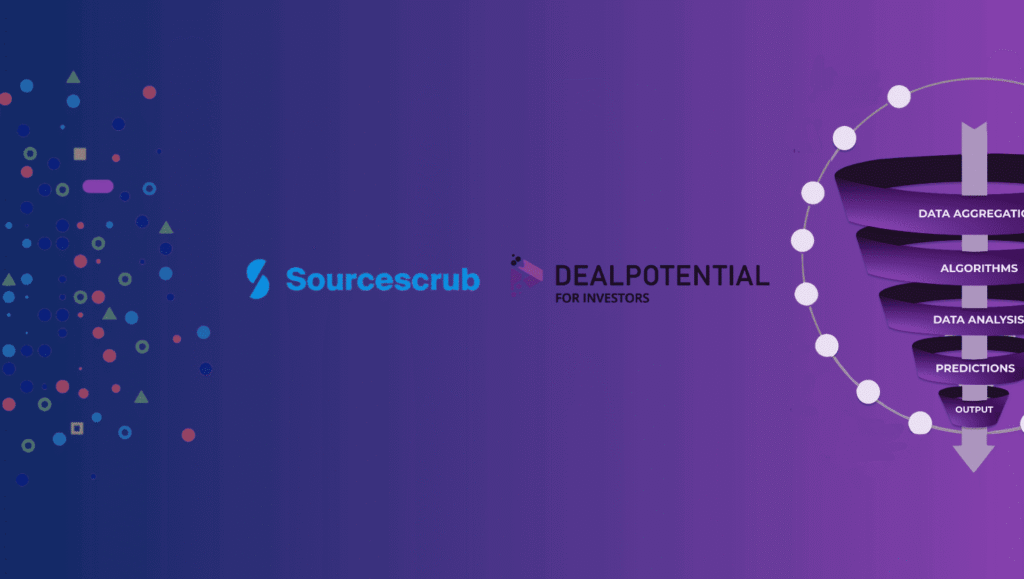 Comparison between Sourcescrub and DealPotential. The image shows Sourcescrub’s logo on a dark blue background with scattered data symbols, while DealPotential’s logo is on a purple background next to a funnel diagram illustrating data aggregation, algorithms, data analysis, predictions, and output.
