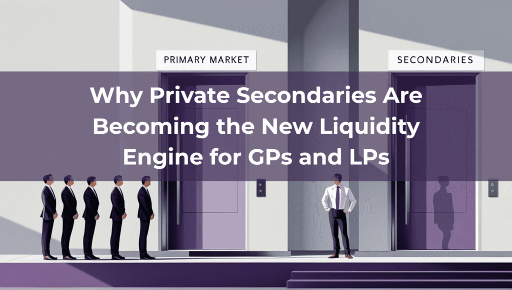 Illustration showing two doors labeled “Primary Market” and “Secondaries.” Several investors wait outside the primary market door, while one confident investor enters the secondaries door. Visual metaphor for private secondaries as a faster, smarter liquidity strategy for GPs and LPs.
