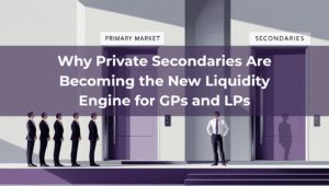 Illustration showing two doors labeled “Primary Market” and “Secondaries.” Several investors wait outside the primary market door, while one confident investor enters the secondaries door. Visual metaphor for private secondaries as a faster, smarter liquidity strategy for GPs and LPs.