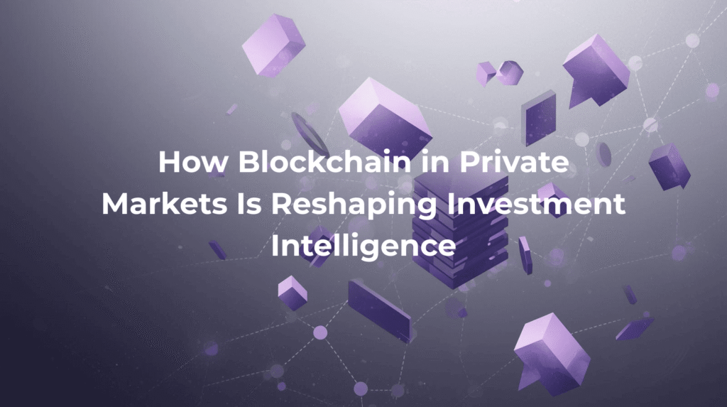 Blockchain in private markets – visual representation of tokenized investment flows using purple 3D blocks and network connections