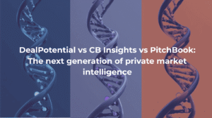 Three stylized DNA double helix structures shown side by side in blue, purple, and orange tones, symbolizing data, intelligence, and innovation.