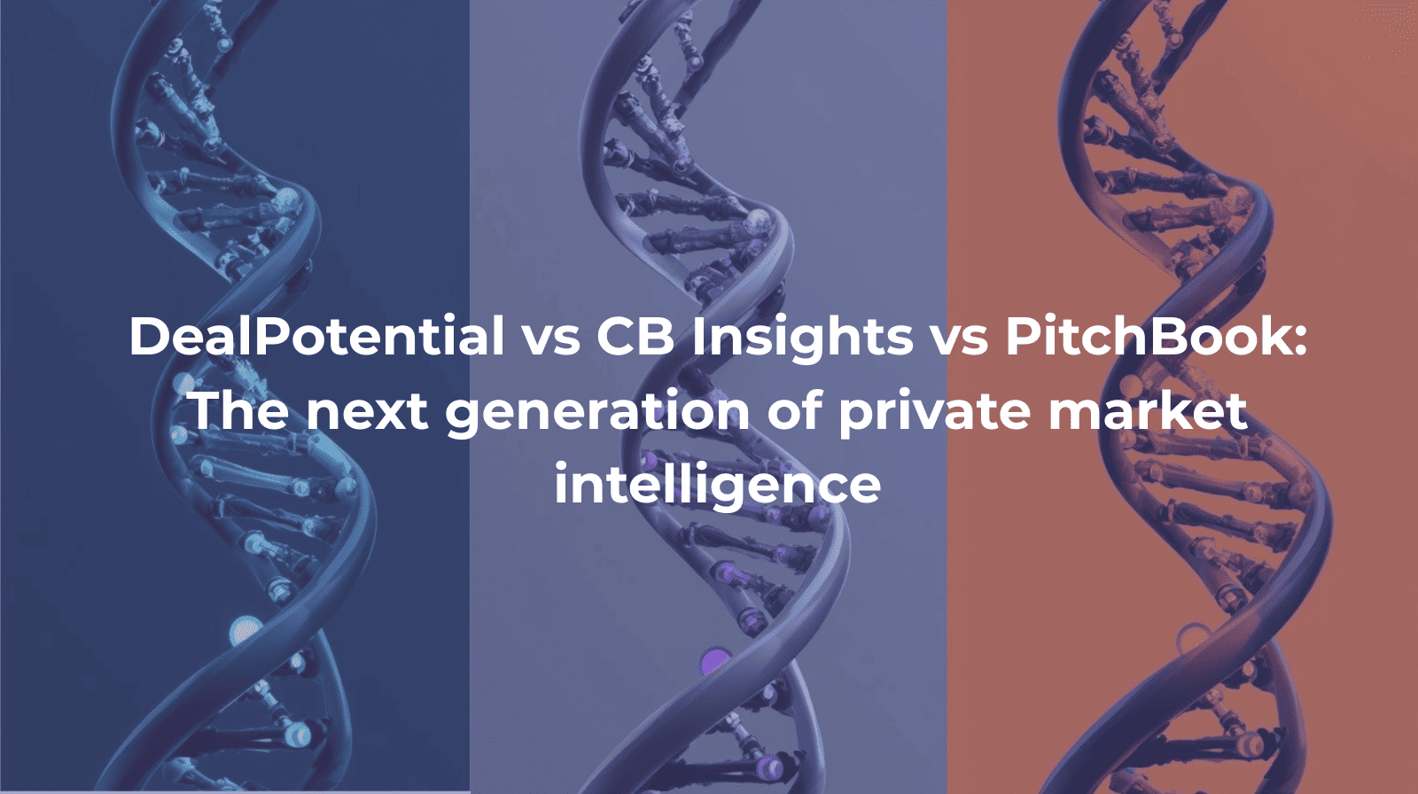 Three stylized DNA double helix structures shown side by side in blue, purple, and orange tones, symbolizing data, intelligence, and innovation.