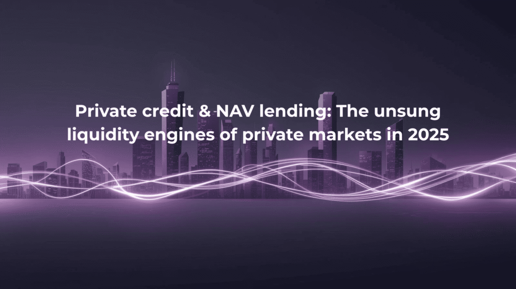 Abstract illustration of a modern city skyline with glowing purple light trails symbolizing capital flows and liquidity in private markets.