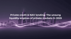 Abstract illustration of a modern city skyline with glowing purple light trails symbolizing capital flows and liquidity in private markets.
