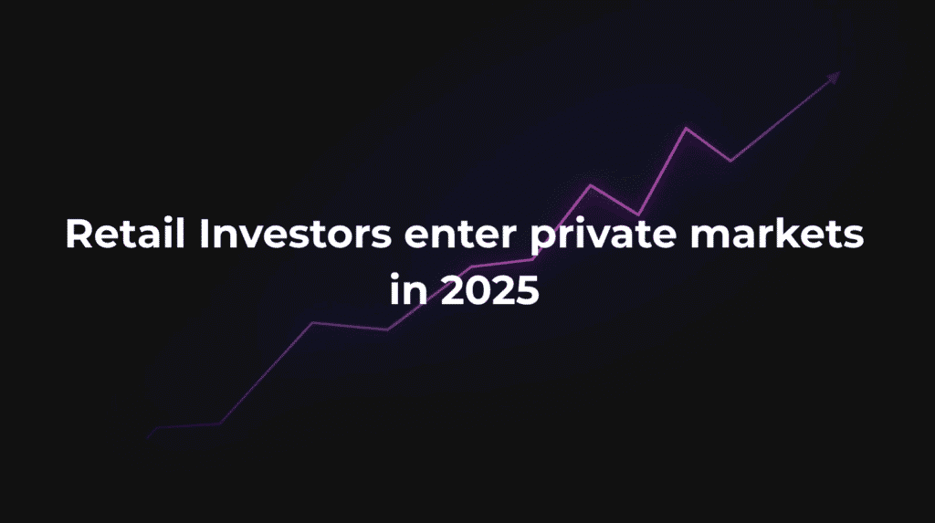 Retail Investors Enter Private Markets visual showing upward financial growth in purple line on dark background