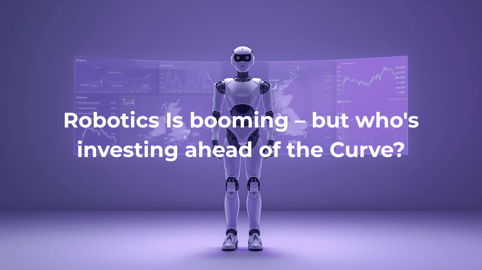 Humanoid robot with predictive investment data and map of Europe in DealPotential color palette, illustrating robotics investing trends