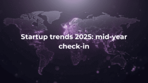 Global startup ecosystem map in light and dark purple tones, highlighting emerging regions and innovation clusters for 2025