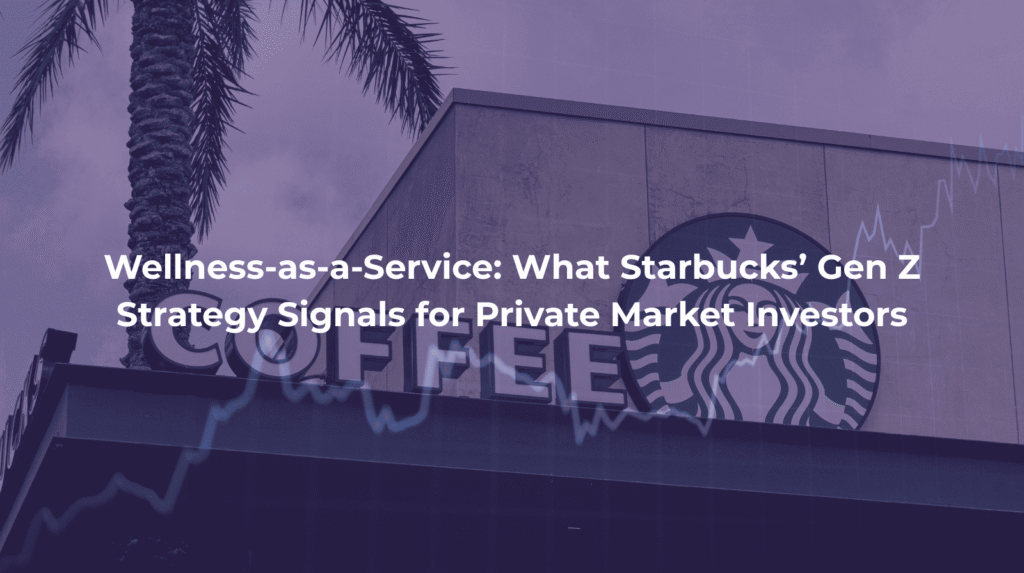 Starbucks storefront with rising stock market graph overlay, symbolizing the brand’s wellness strategy as a signal to private market investors