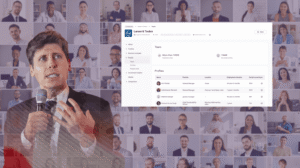 Sam Altman speaking in front of a mosaic of professionals with an overlaid dashboard showing People Data profiles from DealPotential’s platform