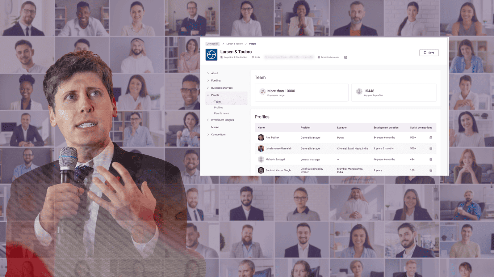 Sam Altman speaking in front of a mosaic of professionals with an overlaid dashboard showing People Data profiles from DealPotential’s platform