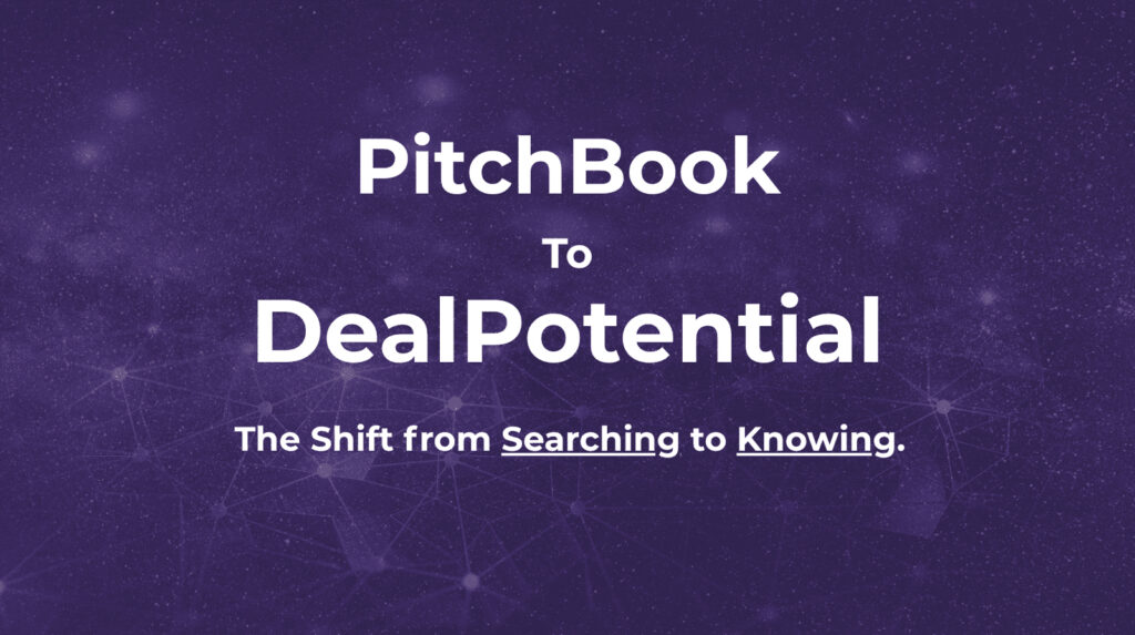 Abstract AI background in deep purple tones symbolizing the shift from PitchBook to DealPotential, representing data connectivity and intelligent due diligence.