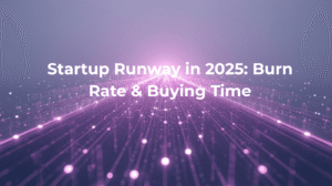 Startup runway in 2025 visualized as a futuristic glowing purple runway with data signals and lights guiding forward in private markets.
