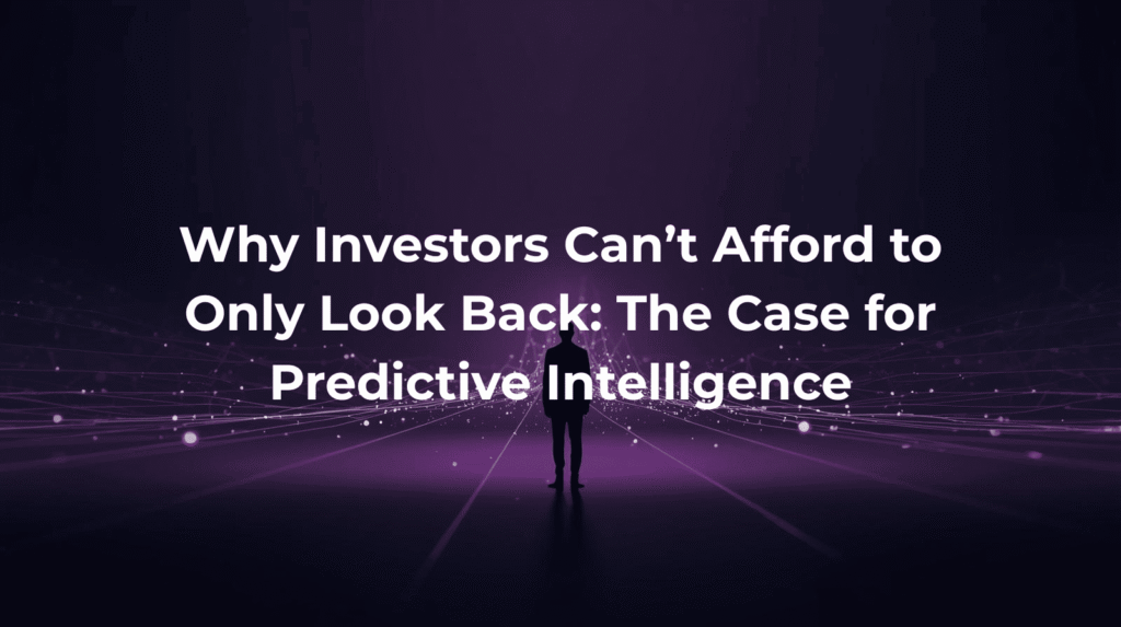 A person stands facing a glowing horizon of connected data lines and points in shades of purple, symbolizing forward-looking insight and predictive intelligence.