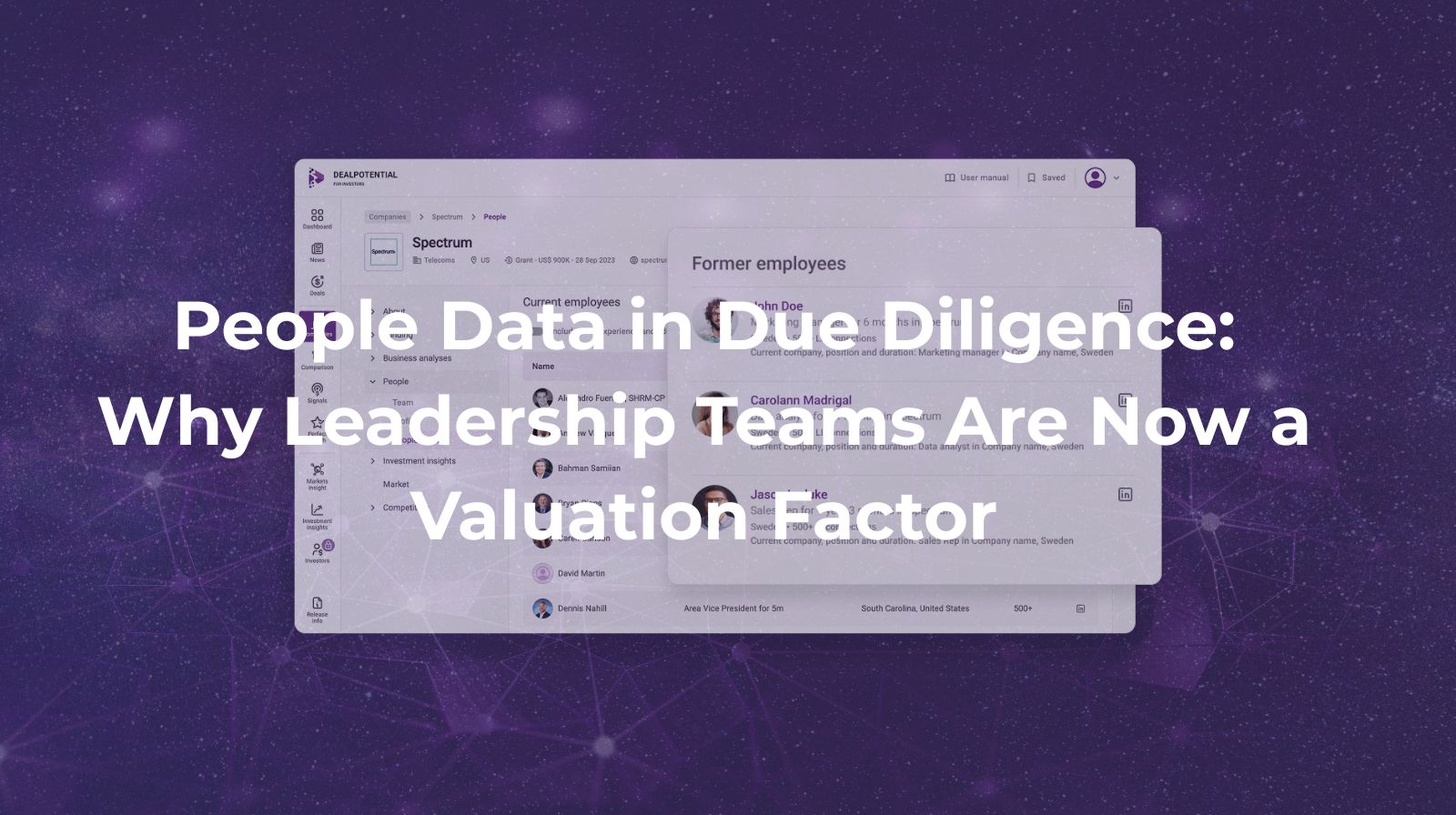 DealPotential platform showing people data in due diligence with leadership profiles and team analytics interface