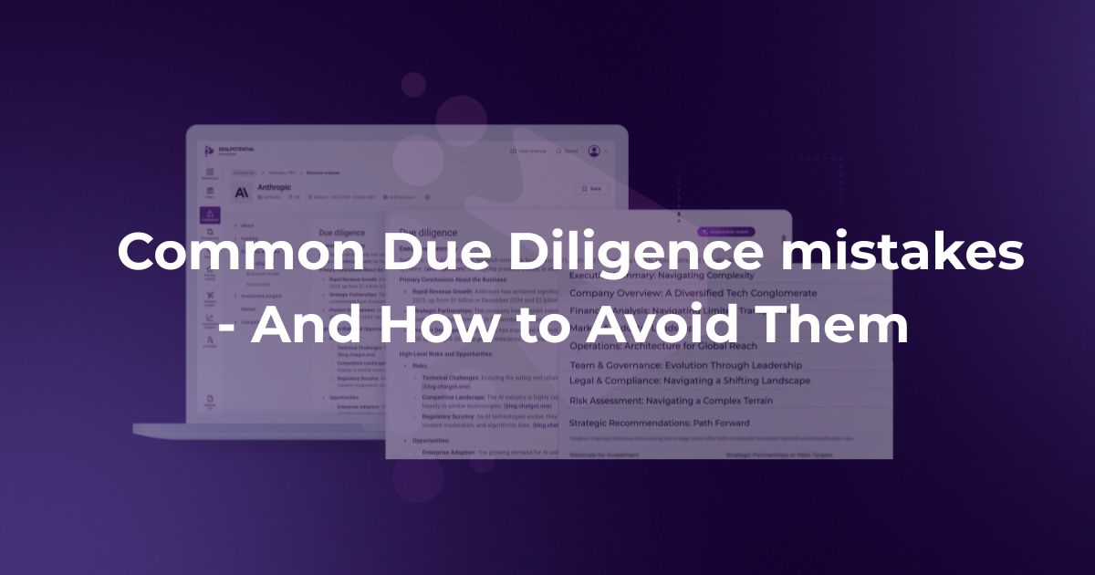 AI-powered due diligence dashboard identifying common due diligence mistakes on DealPotential platform
