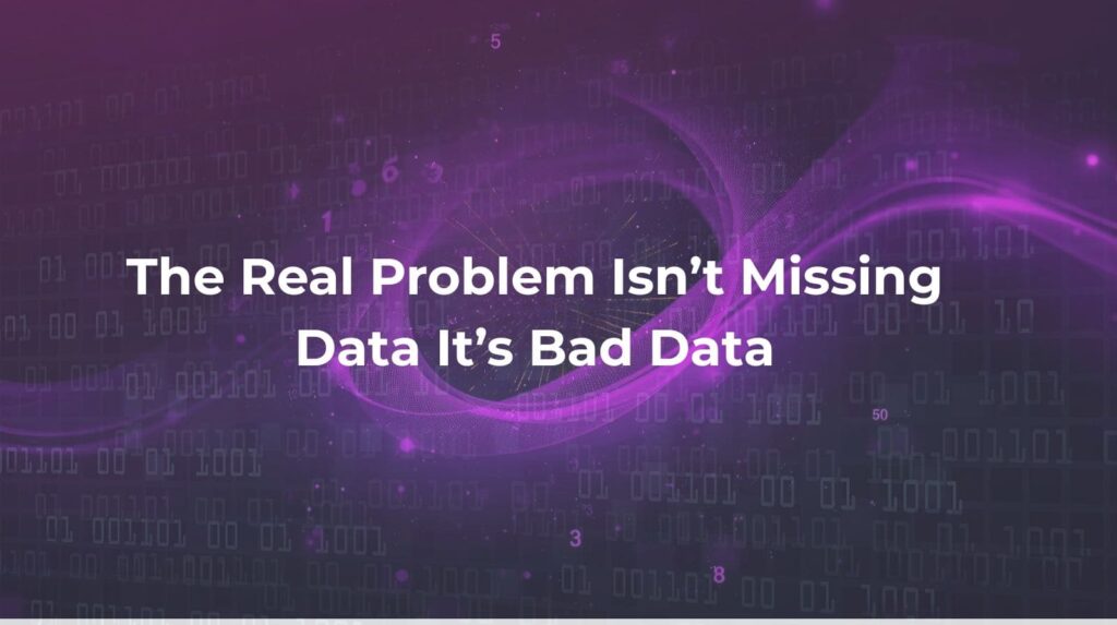 Abstract visualization of the bad data problem with swirling purple data patterns and chaotic numbers in a digital background.