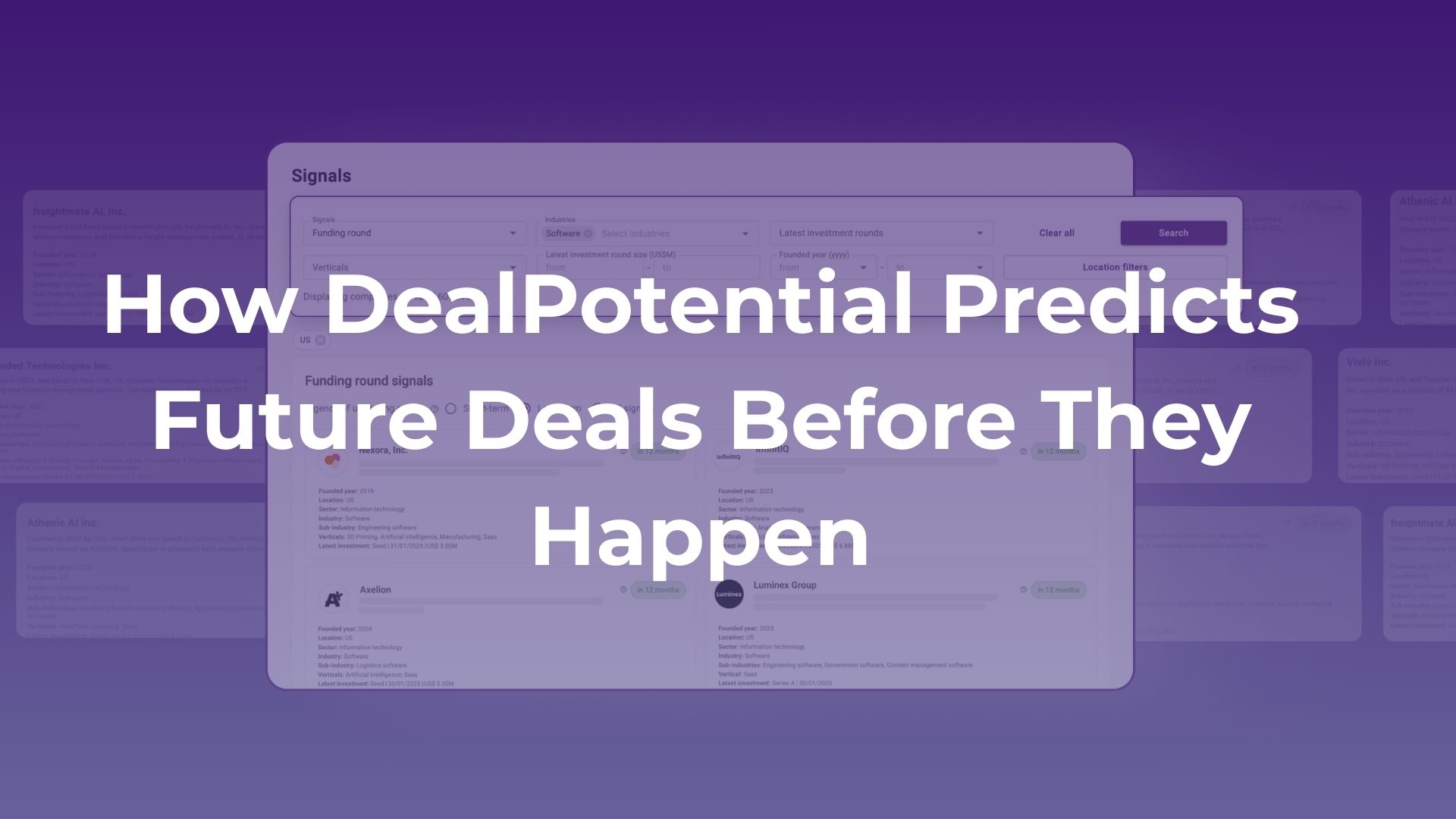 DealPotential AI signals dashboard showing how to predict future M&A deals through upcoming funding indicators and company activity patterns.