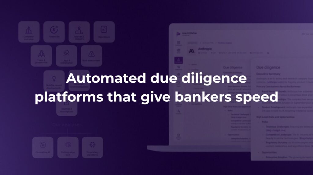 Automated due diligence platforms showing AI-generated company analysis, risk assessment, and executive summary dashboard
